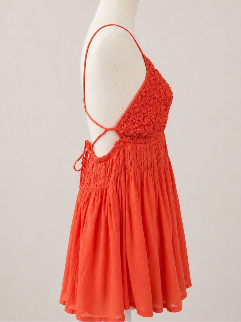Free People Babydoll Smocked Mini Dress Orange Coral Tropical Nectar L - Picture 3 of 7